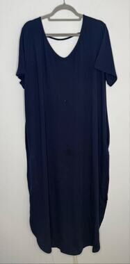 Kancystore Navy Blue V neck Short Sleeve Maxi Dress Size 3XL Rounded Hems Slits